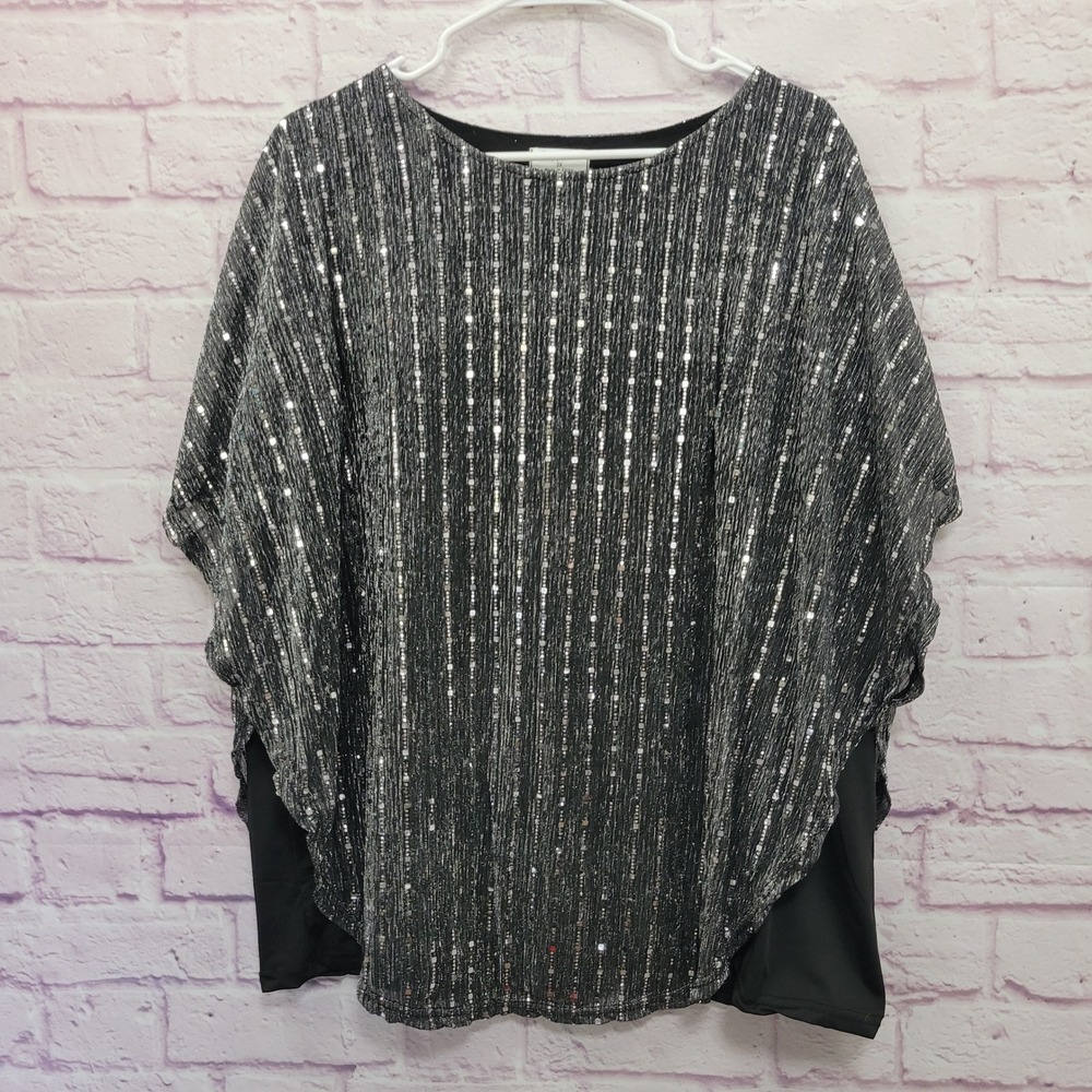 Sapphire Shimmer Metallic Sequin Blouse 2X Kimono Sleeve Party Glitz Glam Mature